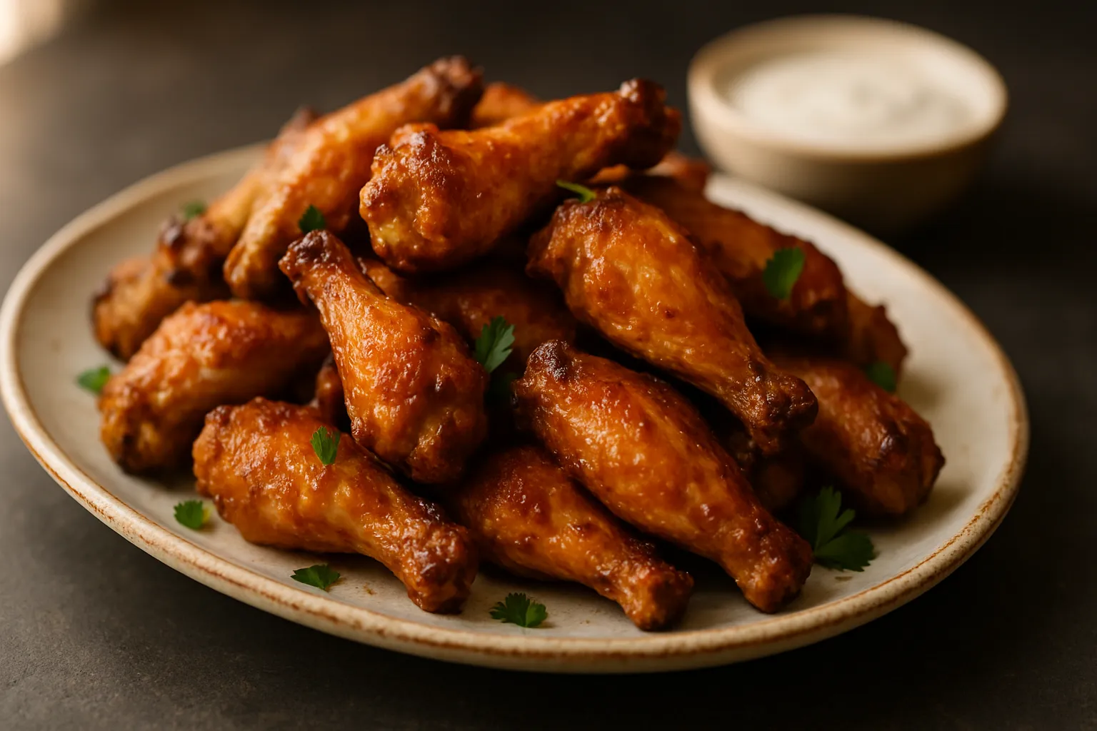 Crispy golden air fryer chicken wings arranged on white platter with dipping sauce