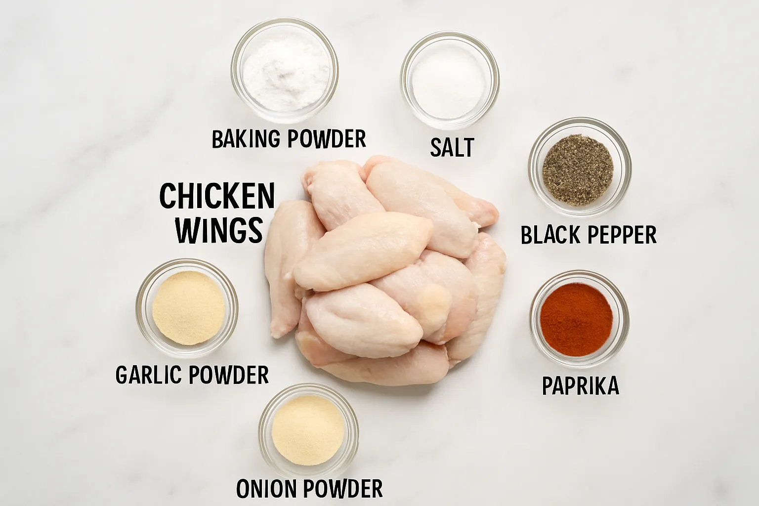 Flat lay of raw chicken wings and dry seasonings for air fryer recipe