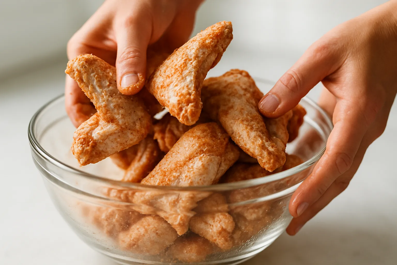 Hands tossing raw chicken wings with baking powder seasoning mixture in glass bowl