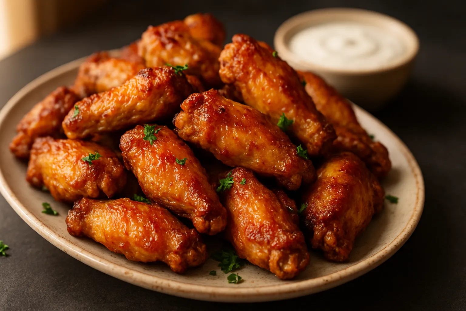 Perfectly crispy golden air fryer chicken wings on white plate ready to serve