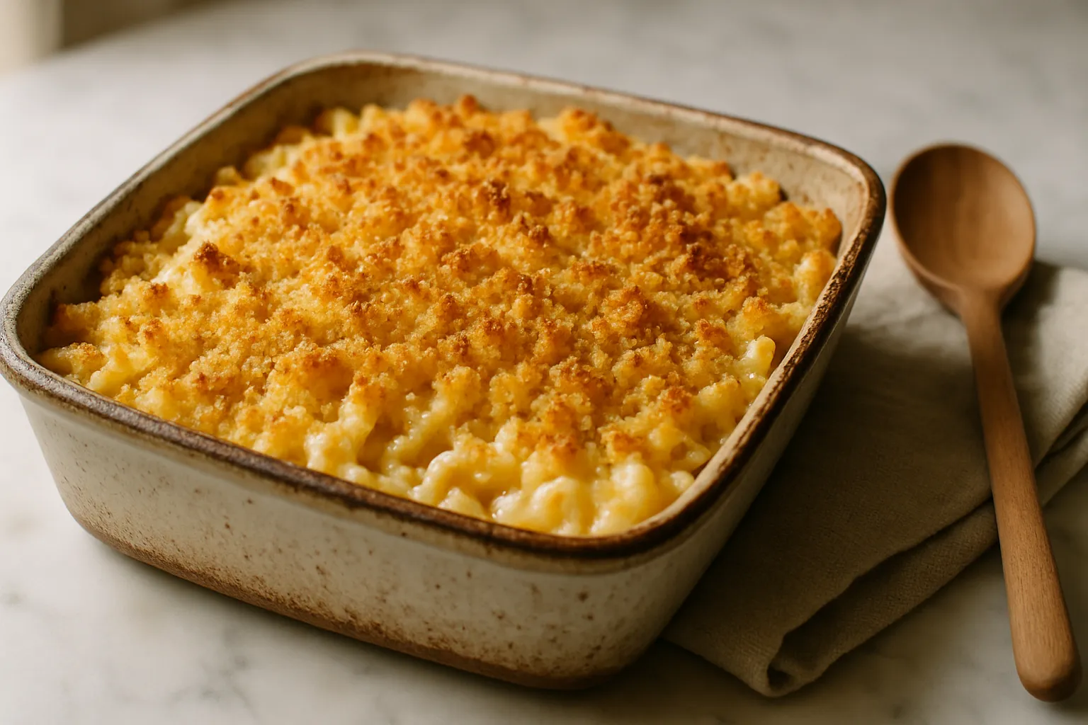 Golden baked mac and cheese with crispy breadcrumb topping in ceramic dish