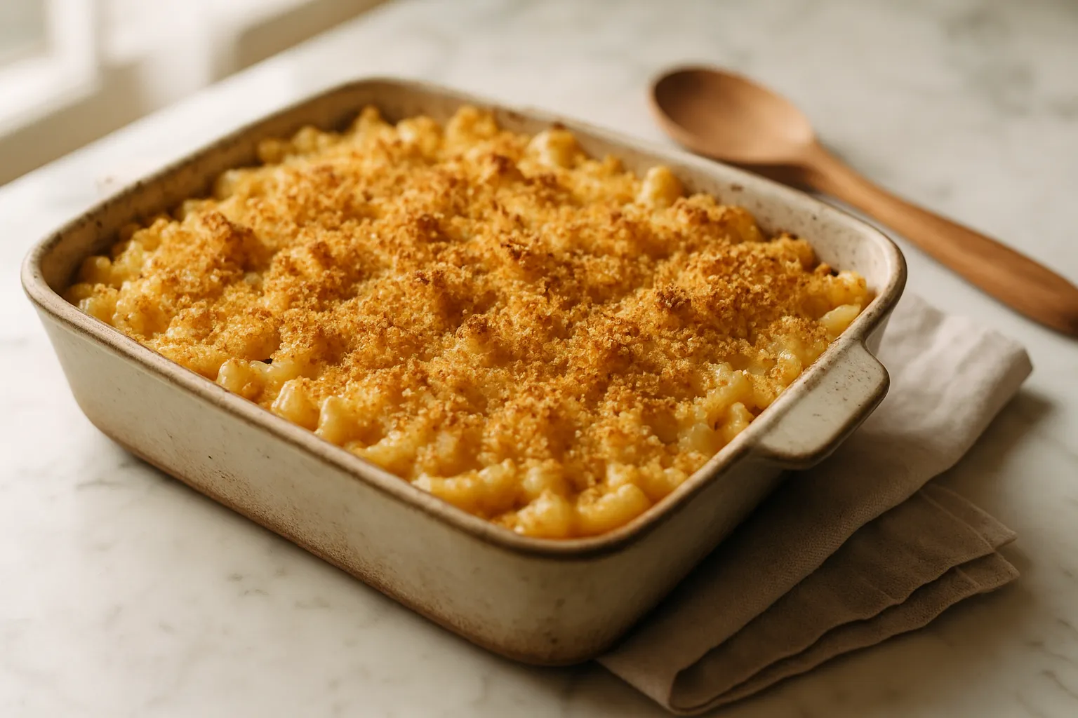 Flatlay of fresh ingredients for baked mac and cheese including pasta, cheeses, butter, and cream