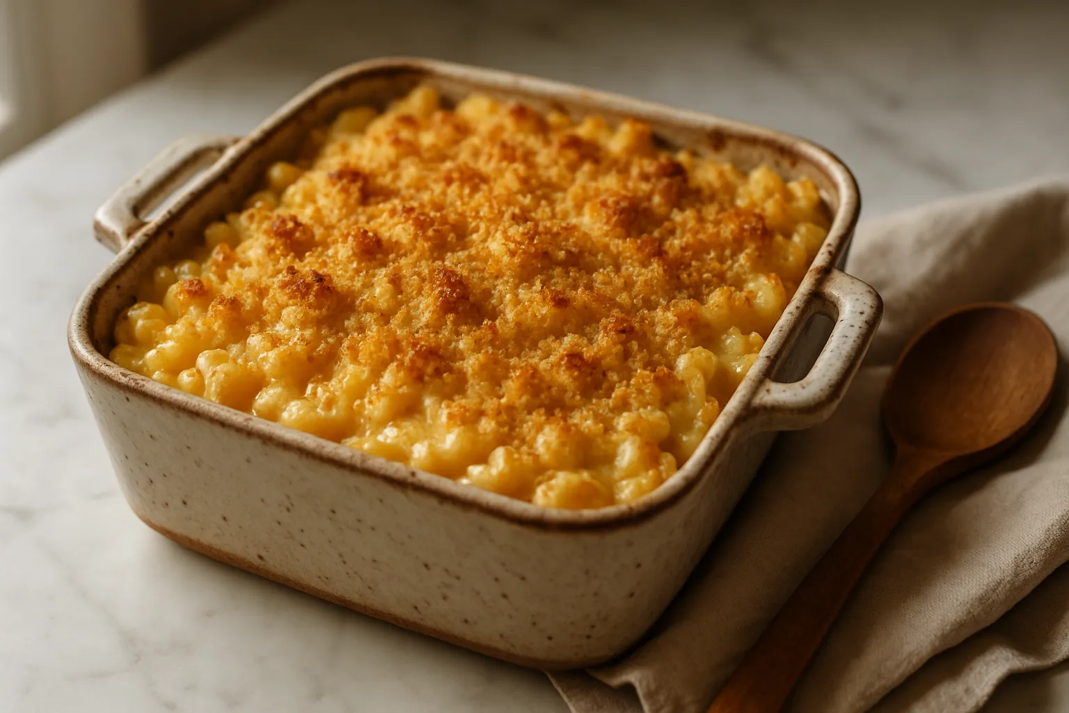 Golden baked mac and cheese being removed from oven with bubbling cheese sauce