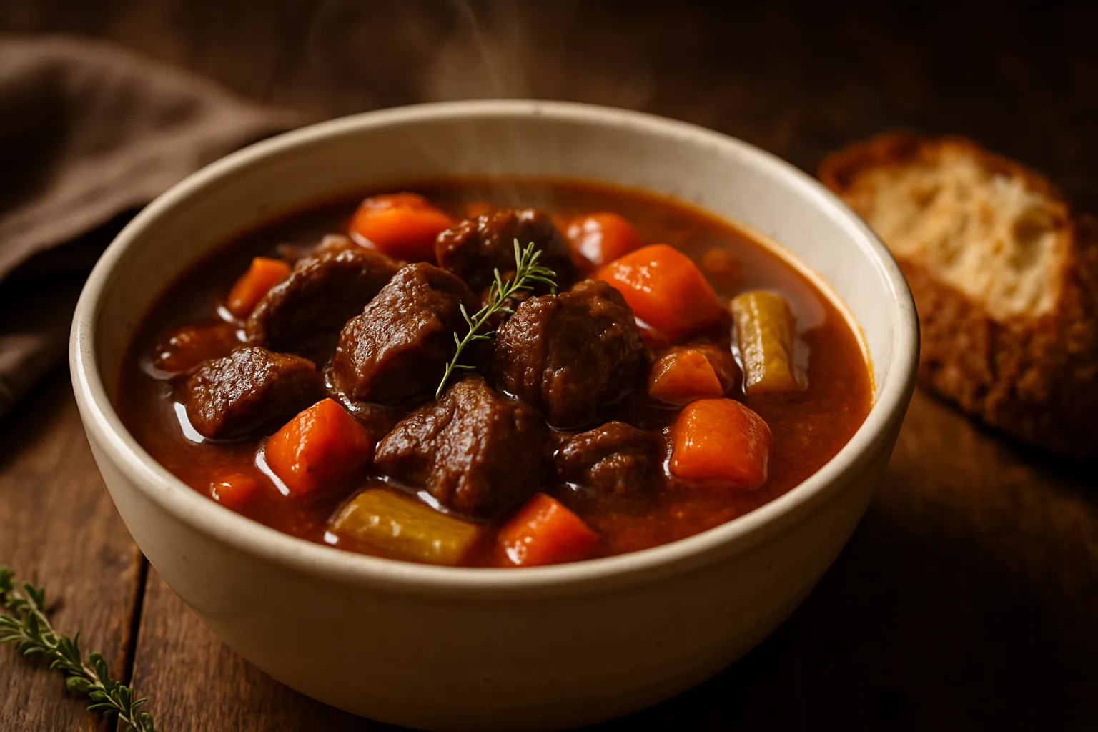 Classic beef stew with tender meat chunks, carrots, and rich gravy in a white ceramic bowl on rustic wooden table
