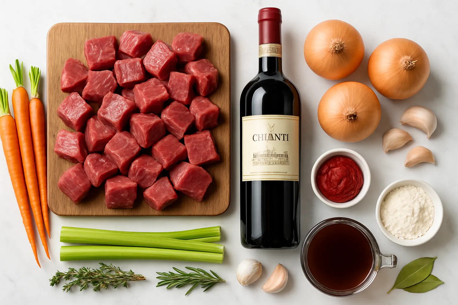 Flat lay of fresh beef stew ingredients including beef chuck, vegetables, herbs, wine, and stock on marble surface