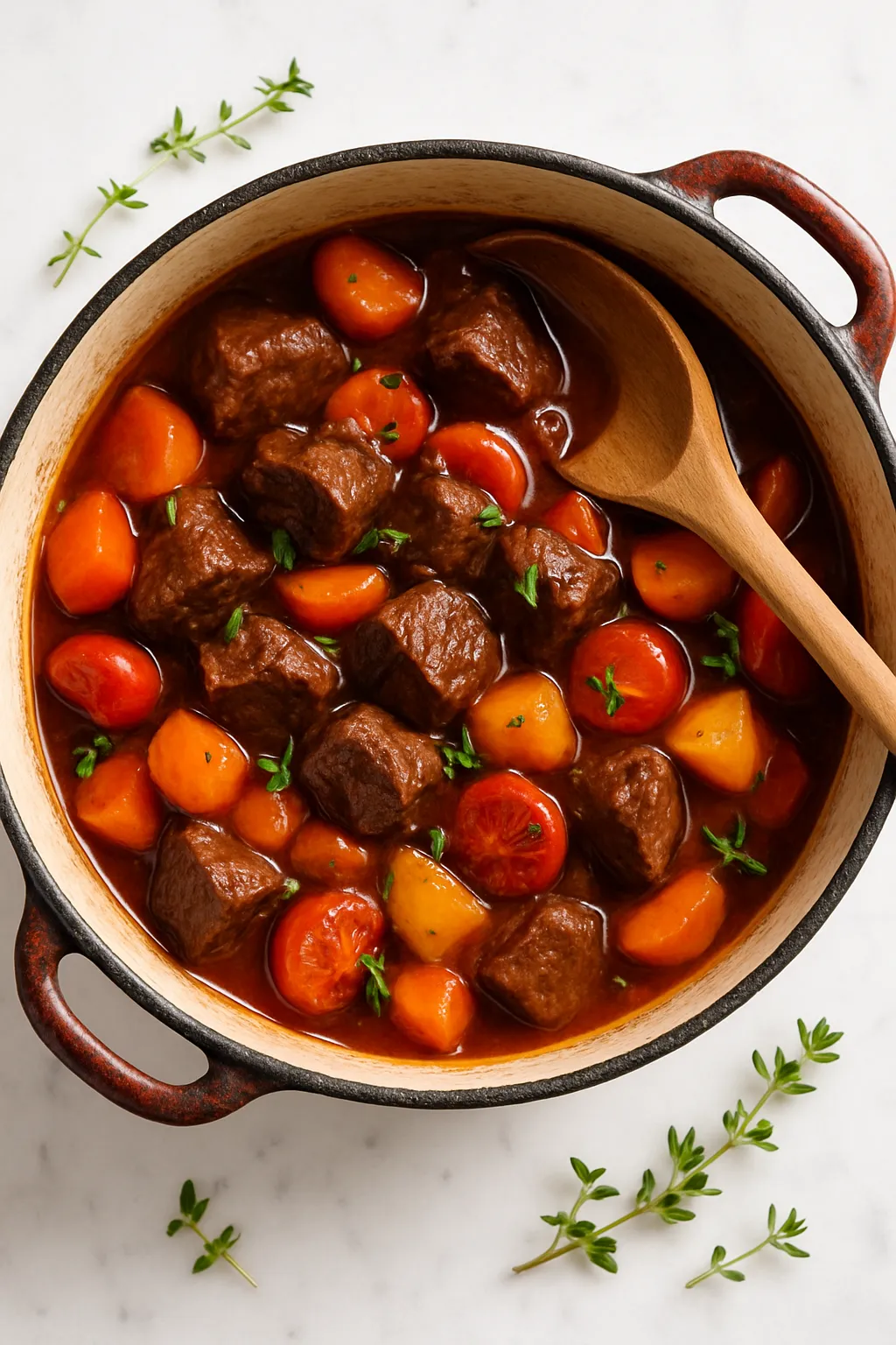 Overhead view of hearty beef stew in cast iron pot with tender meat and vegetables in rich gravy