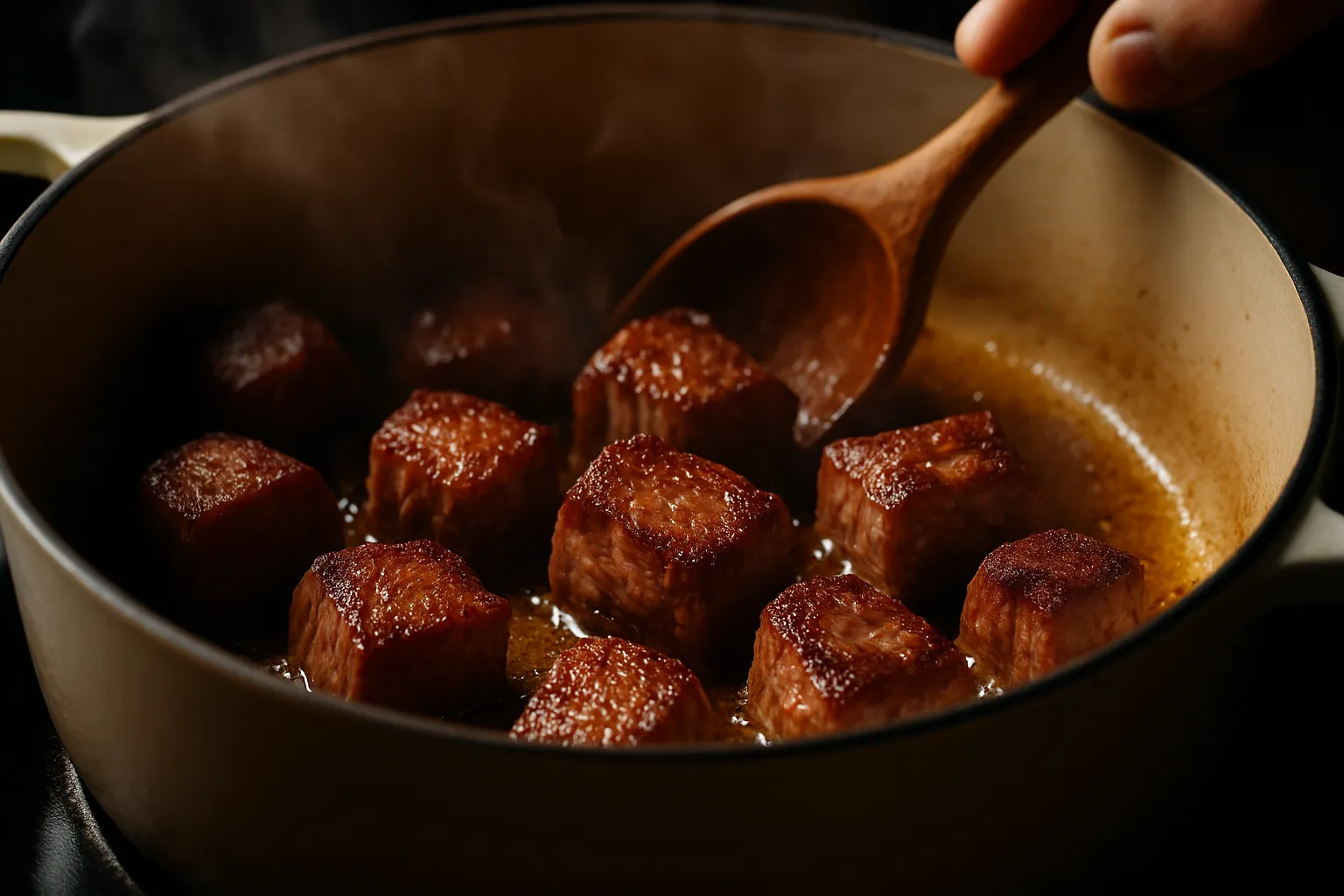 Beef cubes being seared in Dutch oven with golden-brown caramelized crust forming