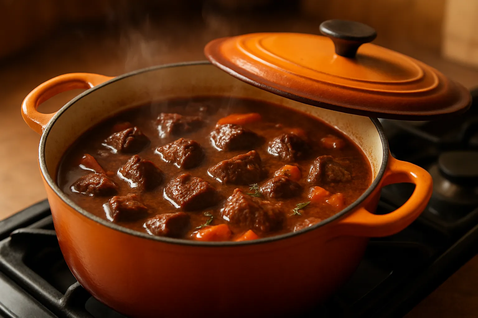 Beef stew simmering in Dutch oven with lid partially removed, showing bubbling sauce and tender meat