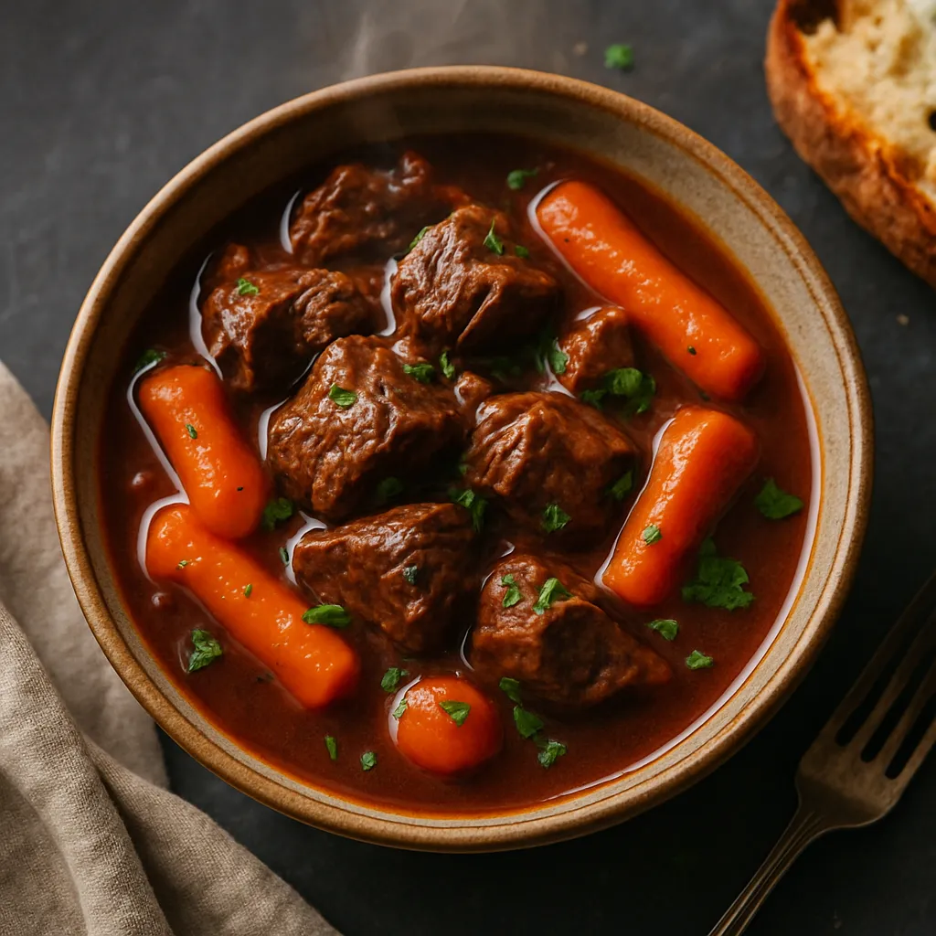 Overhead view of finished beef stew in ceramic bowl with tender meat, carrots, and rich gravy garnished with parsley