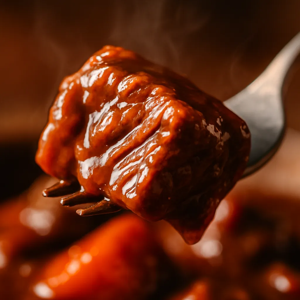 Macro close-up of fork-tender beef stew chunk on fork showing meat texture and glossy gravy coating