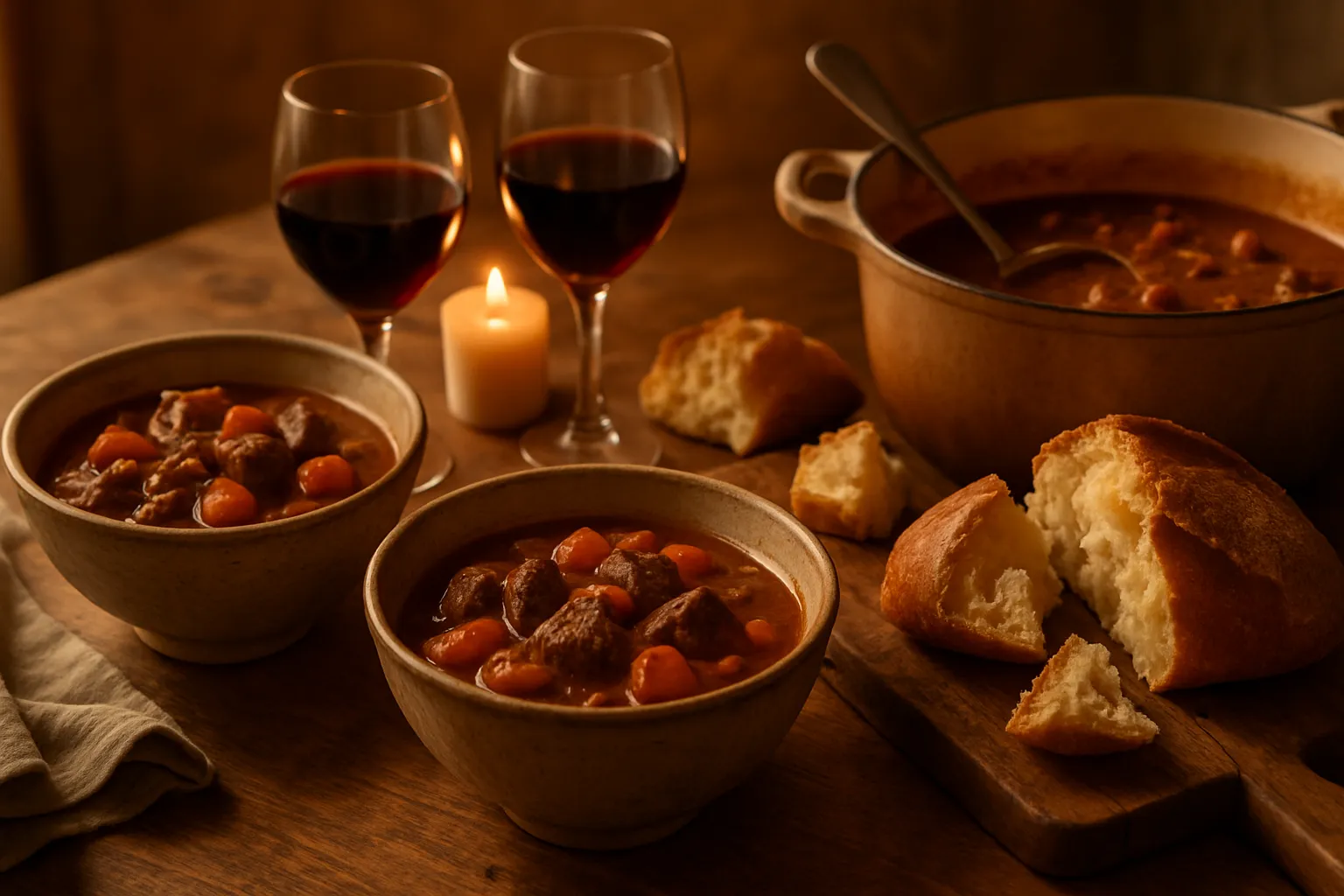 Cozy dinner scene with beef stew served in rustic bowls alongside crusty bread and red wine on wooden table