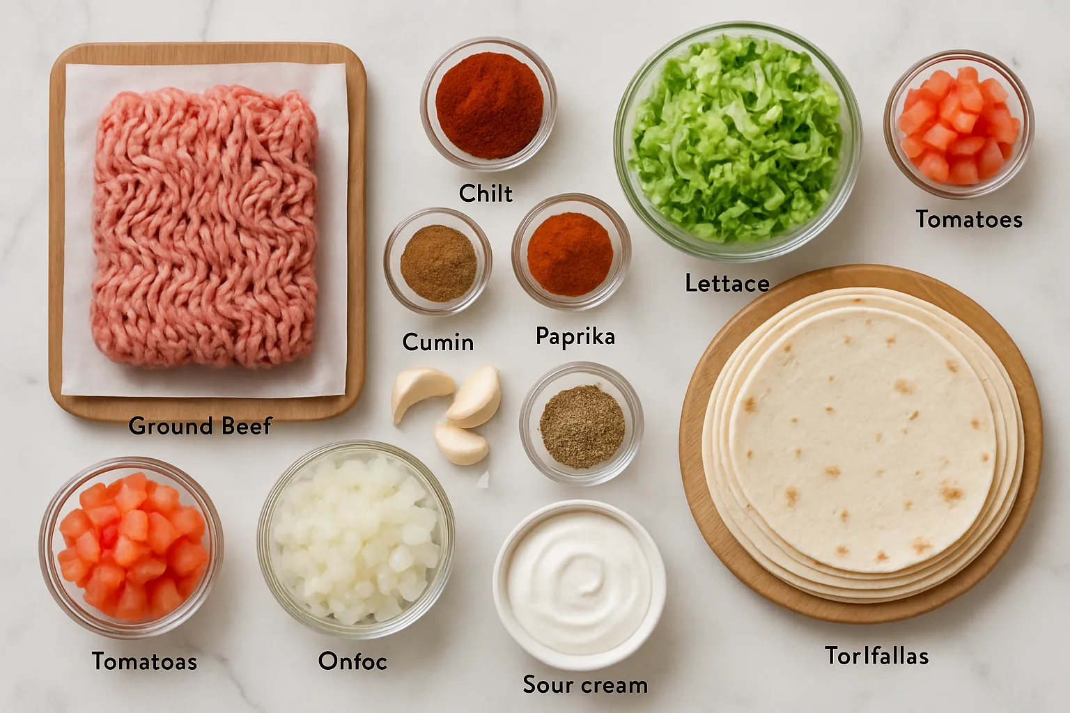 Three easy beef tacos on a wooden board with lettuce, tomatoes, cheese, and sour cream, ready for taco night