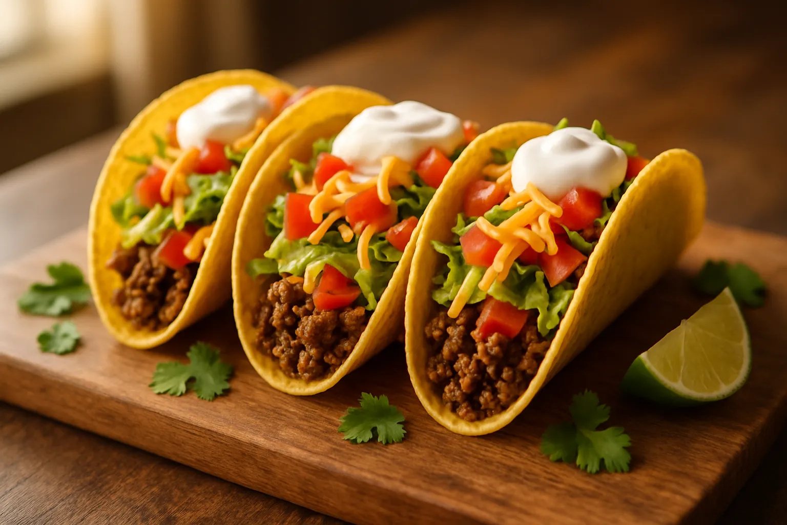 All ingredients for easy beef tacos laid out including ground beef, spices, tortillas, and fresh toppings