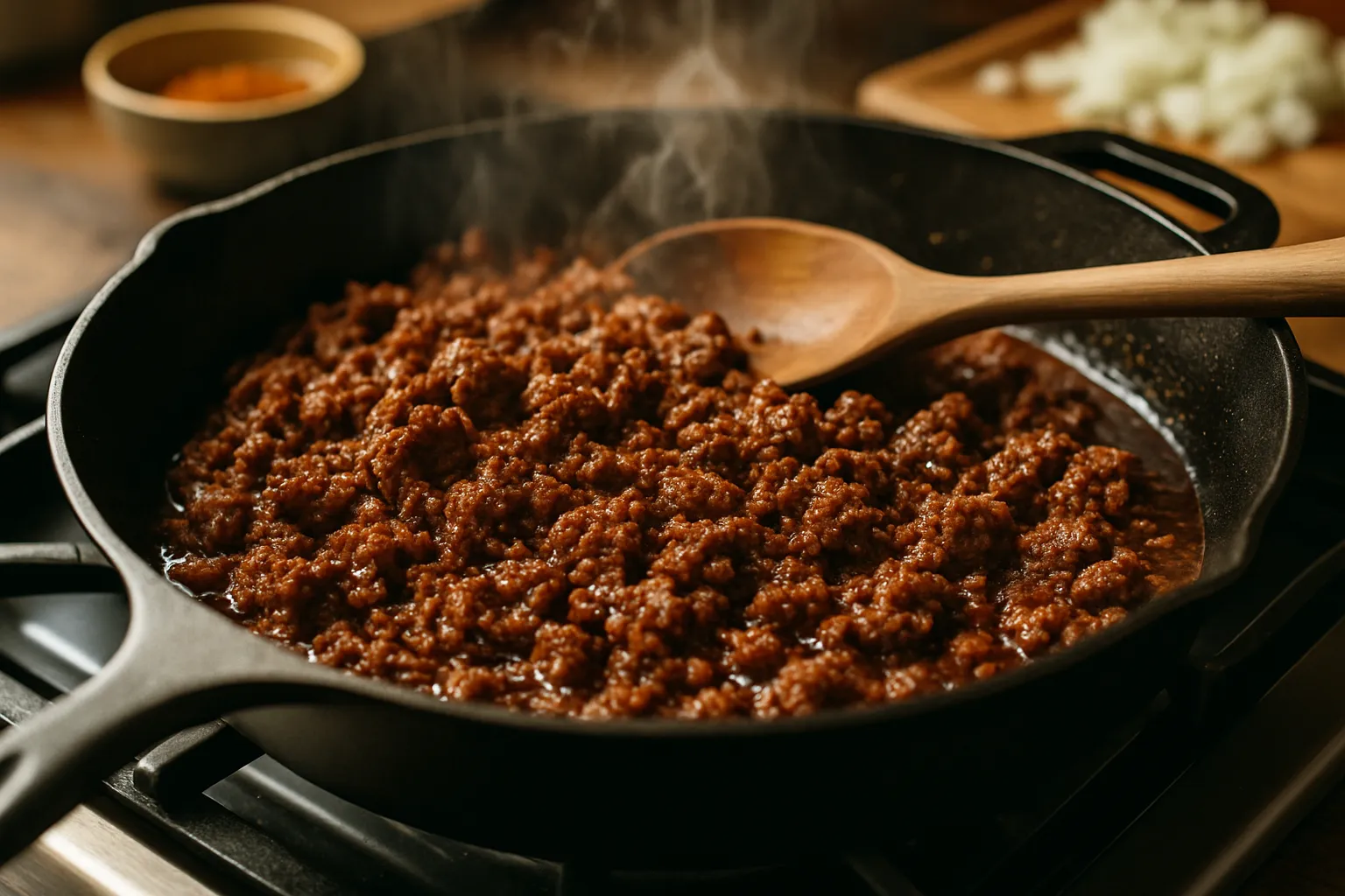 Hands mixing homemade taco seasoning spices in a white bowl for beef tacos recipe