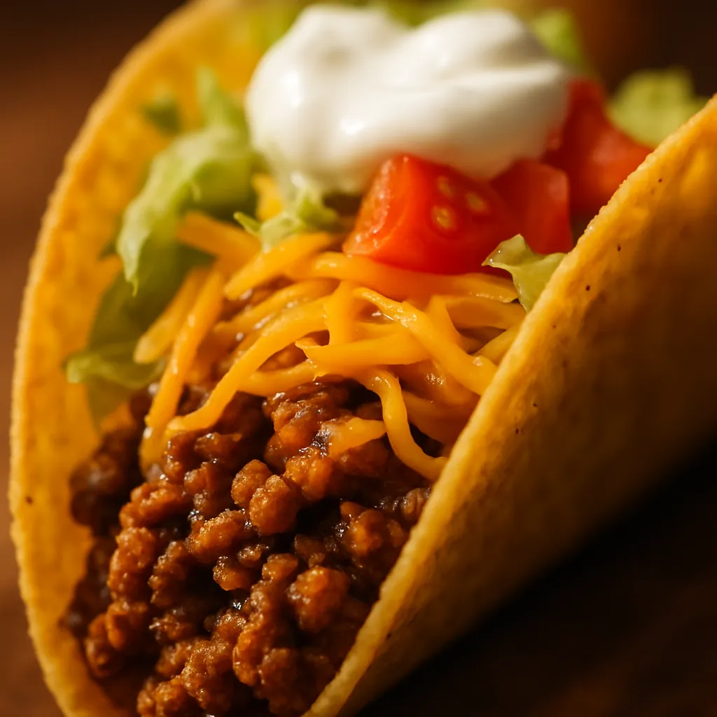 Platter of six finished beef tacos topped with lettuce, tomatoes, cheese, and sour cream