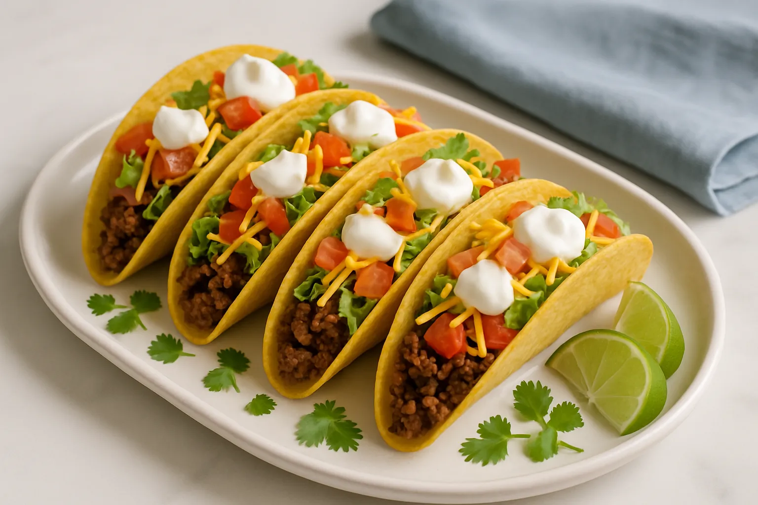 Close-up of a beef taco showing layers of seasoned meat, lettuce, tomatoes, cheese, and sour cream
