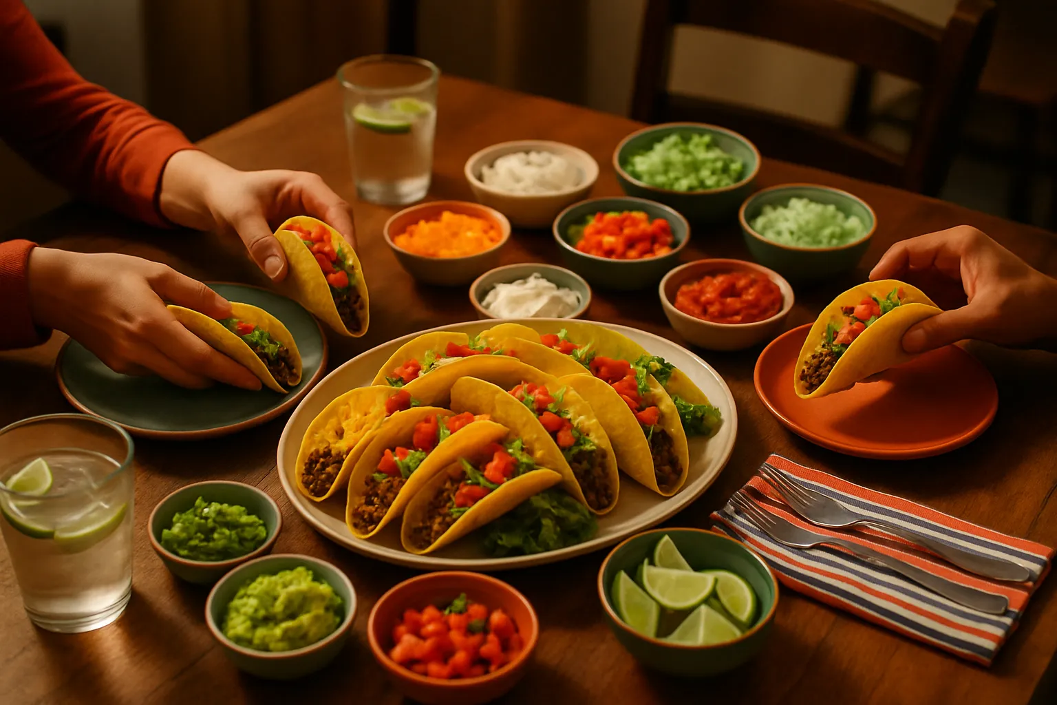 Taco night table spread with beef tacos and toppings, hands reaching for tacos in a family dinner setting