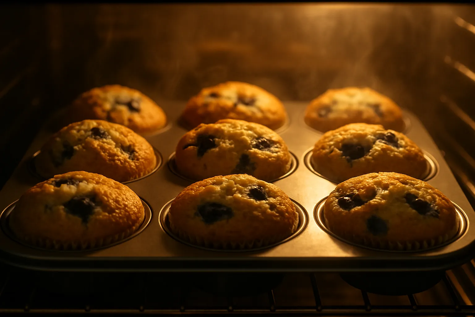 Freshly baked blueberry muffins with tall golden tops arranged on a wooden board with scattered fresh blueberries