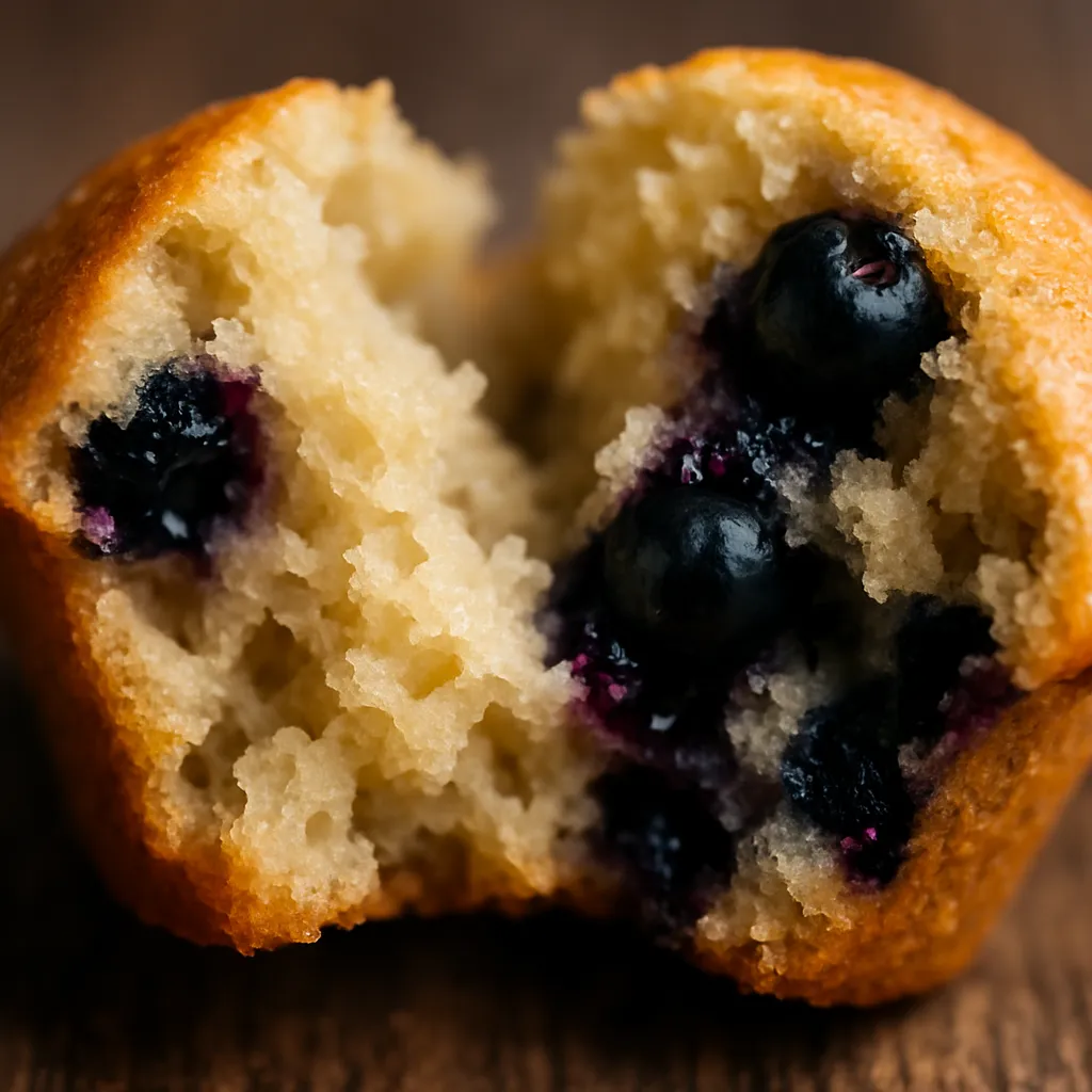 Stack of three blueberry muffins with one split open showing moist crumb and fresh blueberries