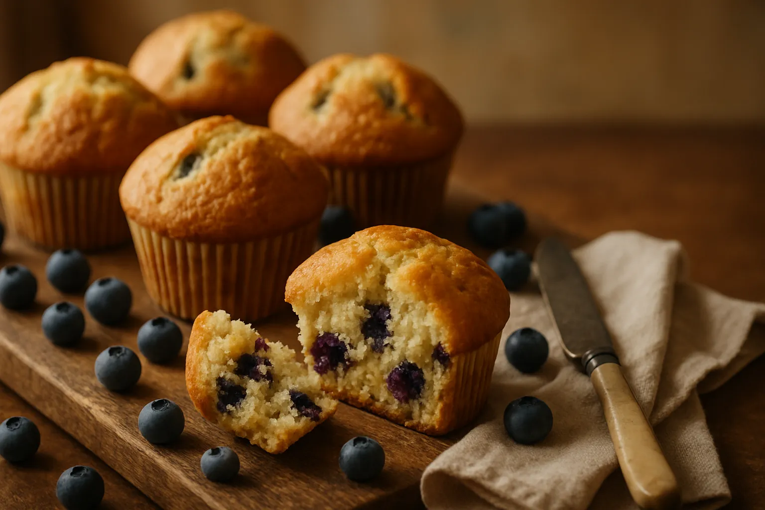 Blueberry muffins rising in the oven with tall golden-brown tops visible through oven door