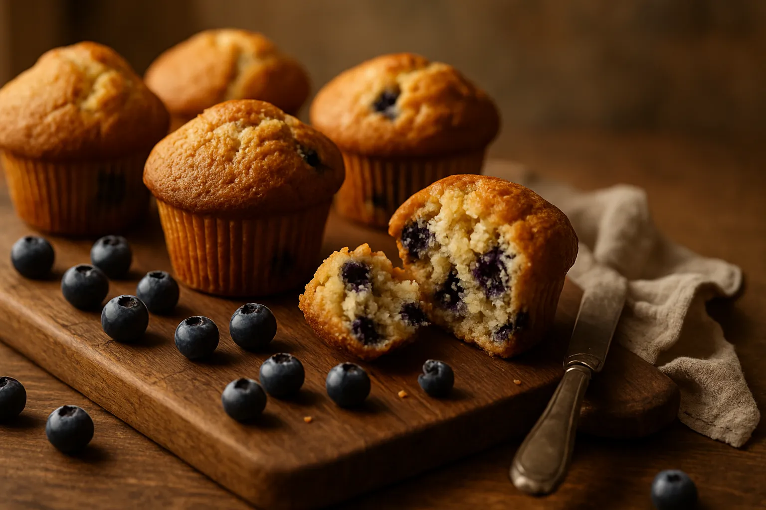 Six golden-brown blueberry muffins with tall tops arranged on white plate viewed from above
