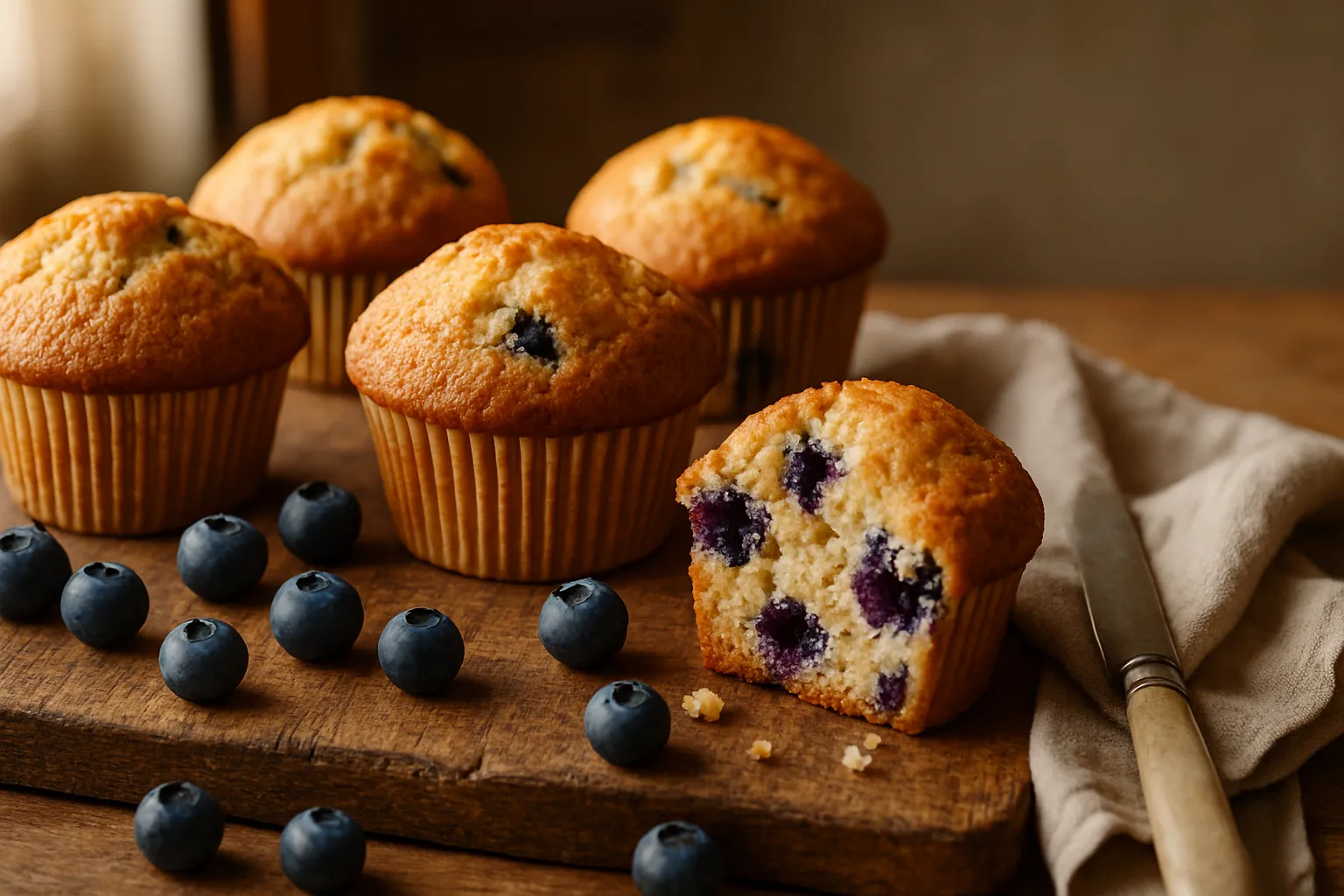 Close-up of blueberry muffin broken open revealing moist tender crumb with juicy blueberries inside