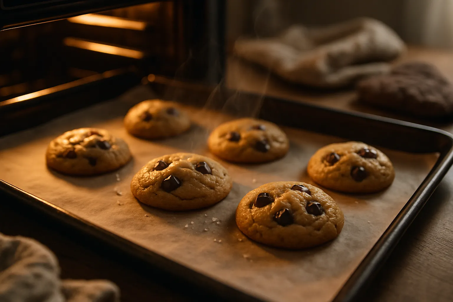 Stack of golden-brown butter chocolate chip cookies with crispy edges, melted chocolate, and sea salt on a ceramic plate