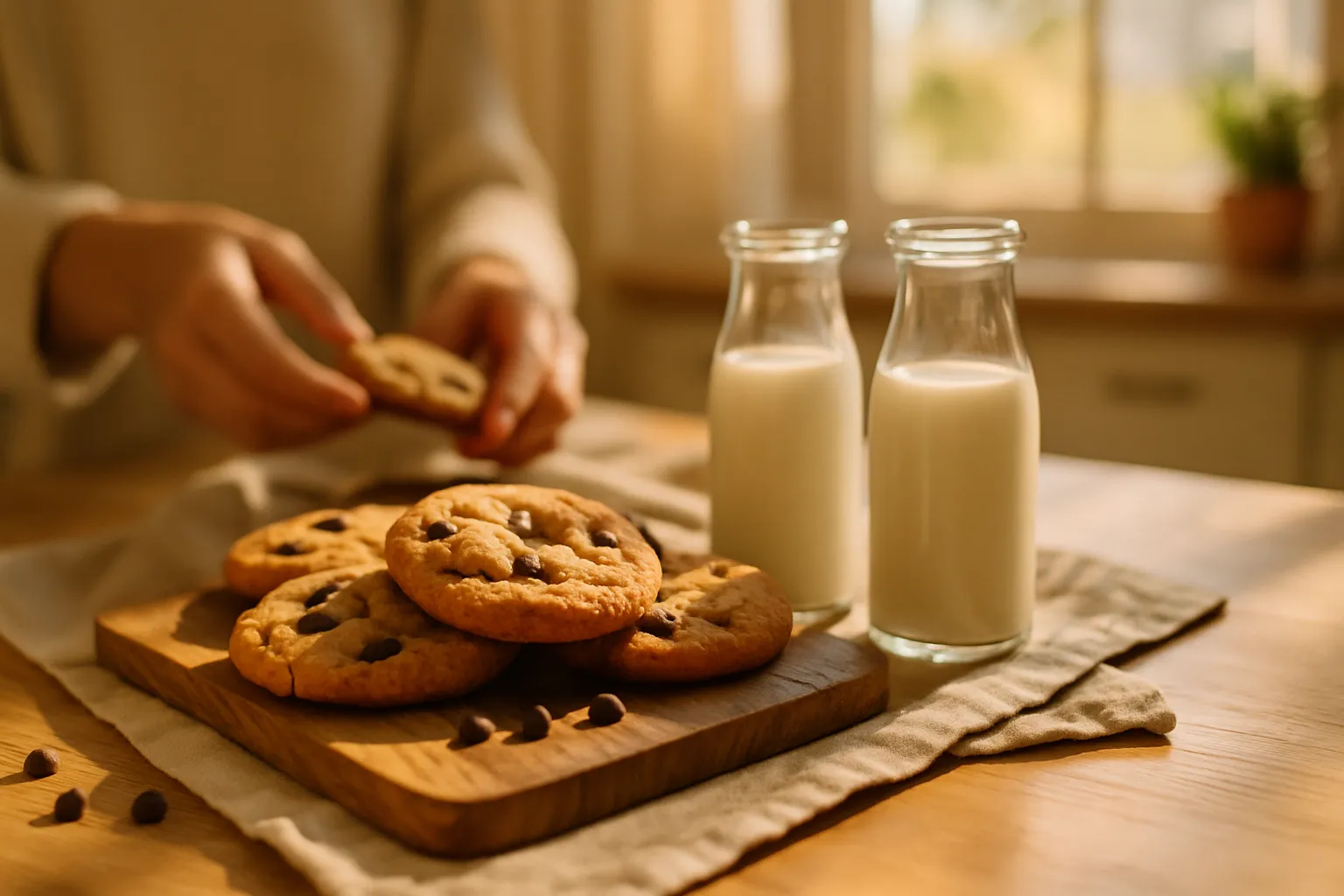 Overhead view of brown butter chocolate chip cookie ingredients arranged in bowls on marble surface