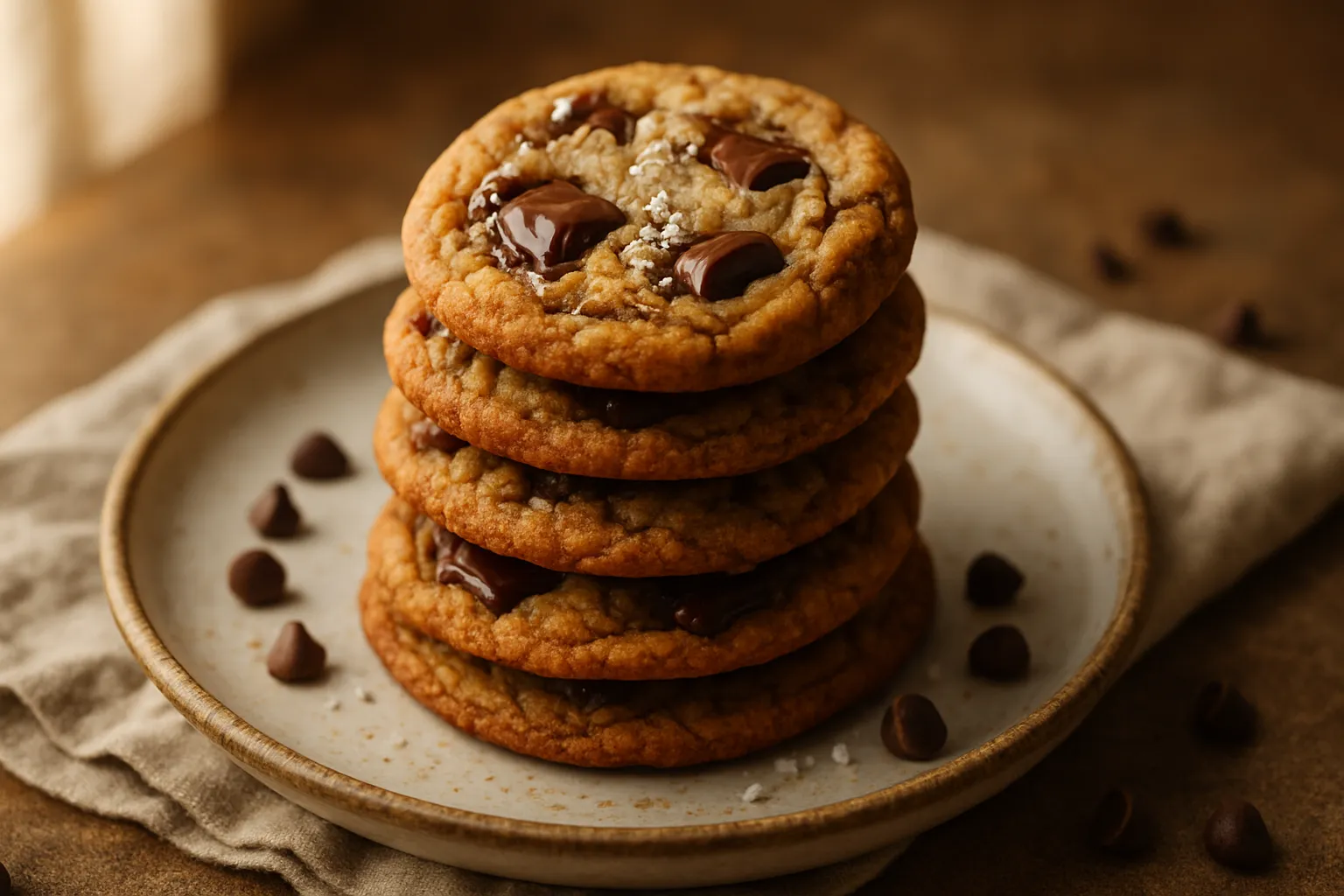 Brown butter chocolate chip cookies broken in half showing melted chocolate interior, stacked with milk