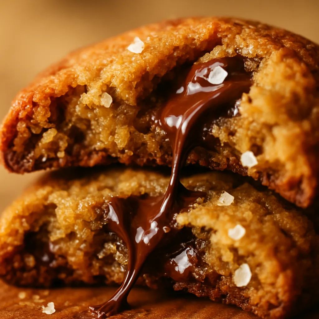 Brown butter chocolate chip cookies served on wooden board with glasses of milk in cozy kitchen setting