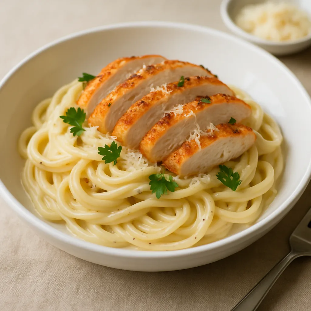 Flat lay of fresh ingredients for Chicken Alfredo Pasta including fettuccine, chicken, cream, parmesan, and herbs