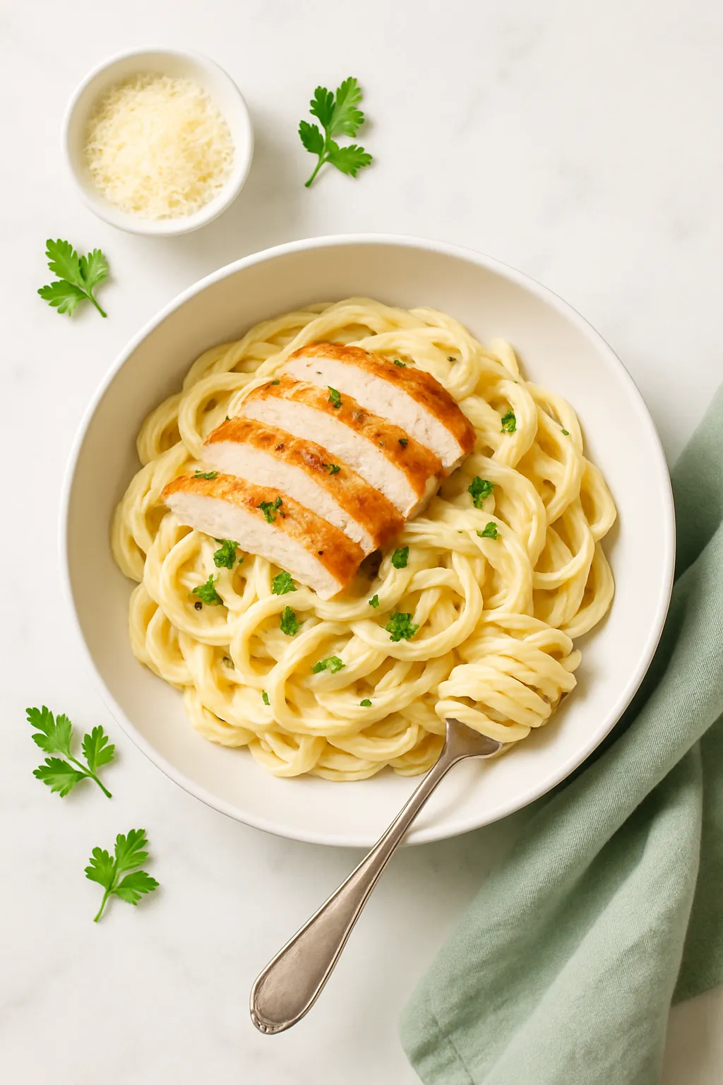 Overhead view of Chicken Alfredo Pasta with fork, parmesan, and fresh herbs on marble surface