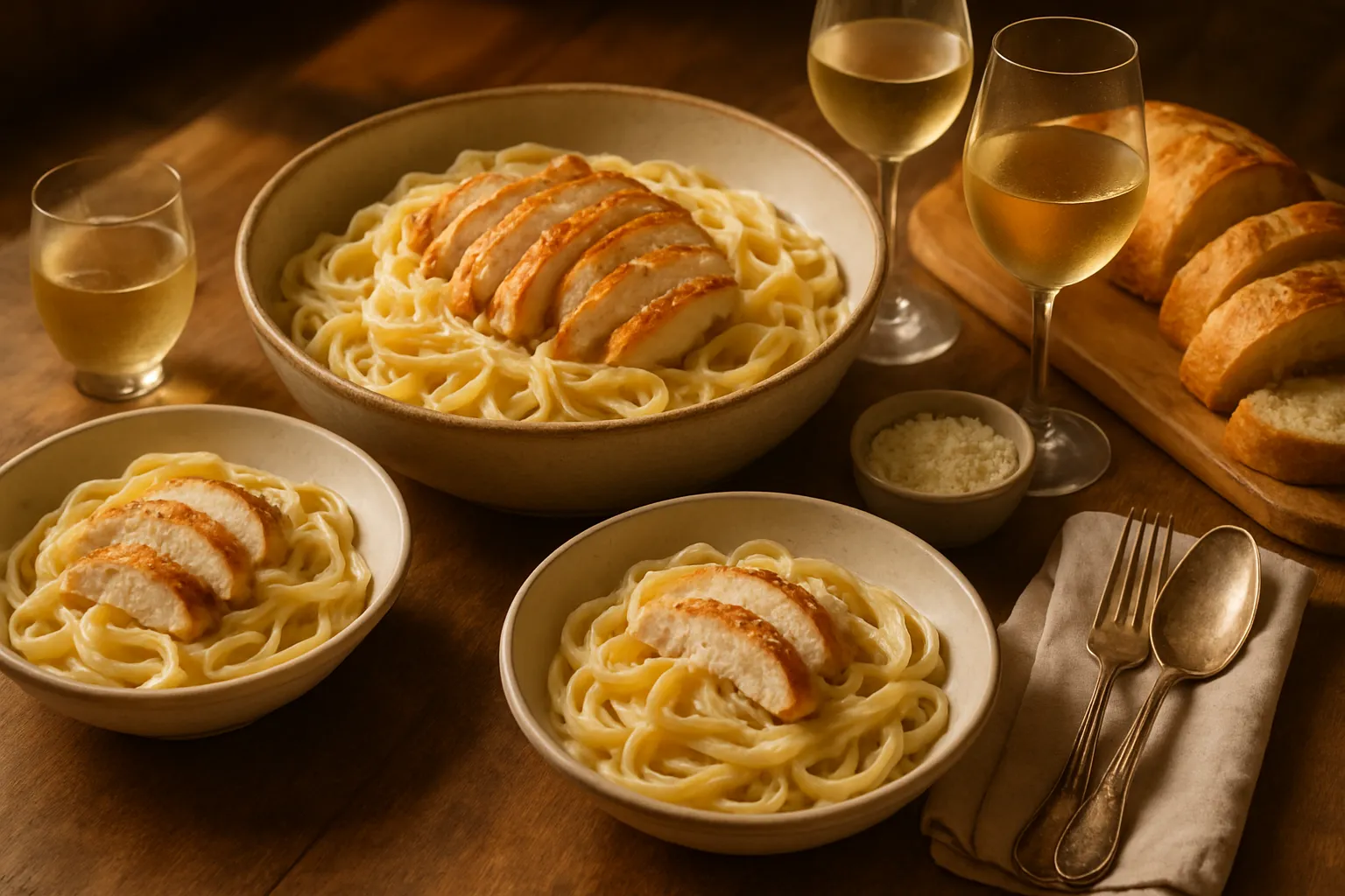 Golden-brown chicken breast searing in skillet for Chicken Alfredo Pasta recipe