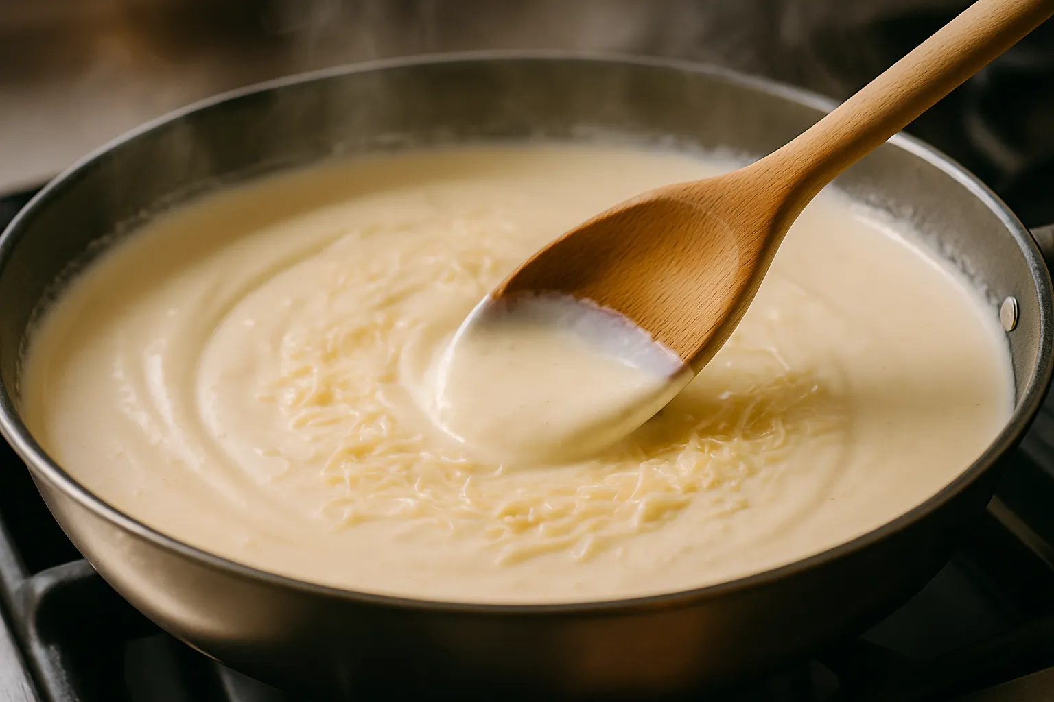 Plated Chicken Alfredo Pasta with creamy sauce, sliced chicken, and fresh parmesan in white bowl