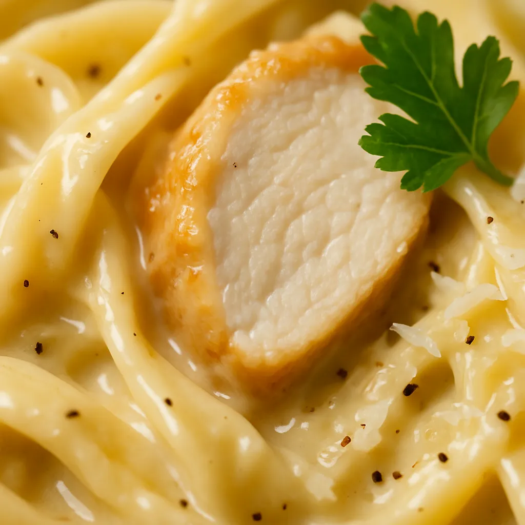 Close-up detail of creamy alfredo sauce coating fettuccine with tender chicken and fresh parmesan