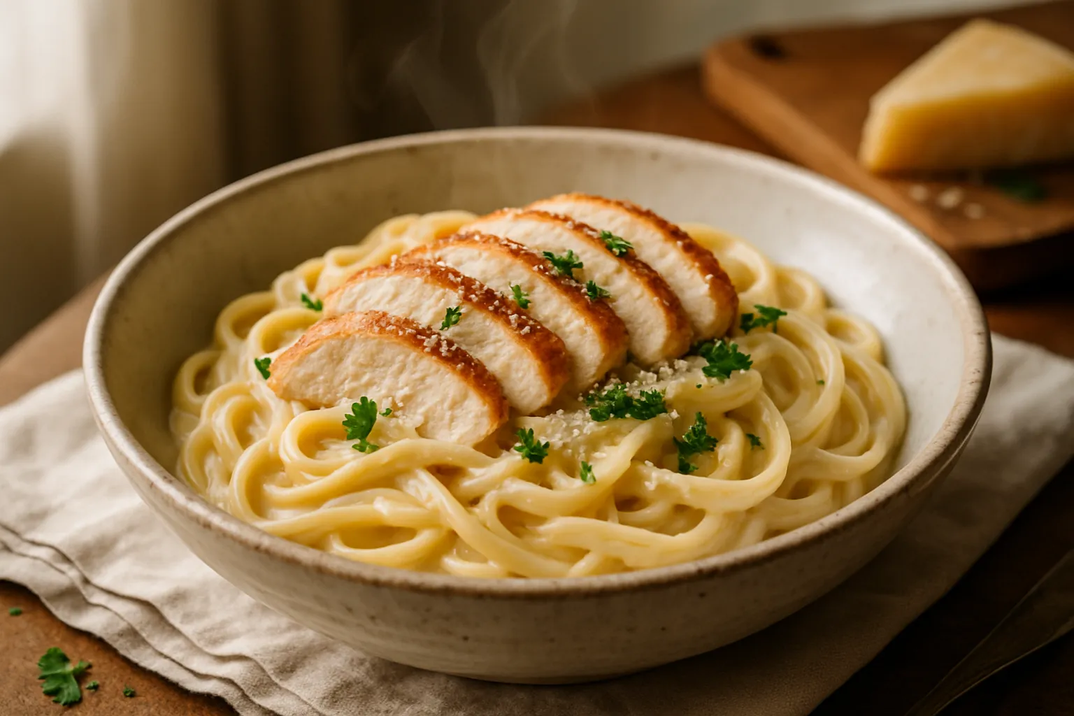 Chicken Alfredo Pasta served family-style with wine, bread, and individual portions on rustic table
