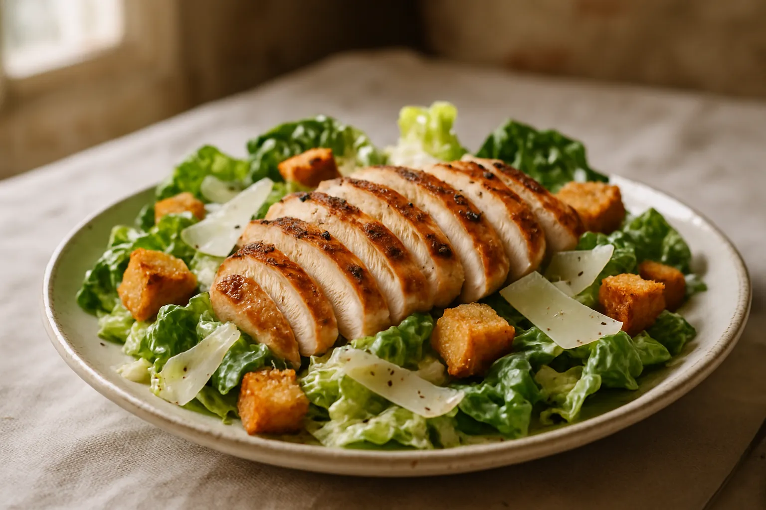 Chicken Caesar Salad with grilled chicken, romaine lettuce, croutons, and Parmesan cheese on a white plate