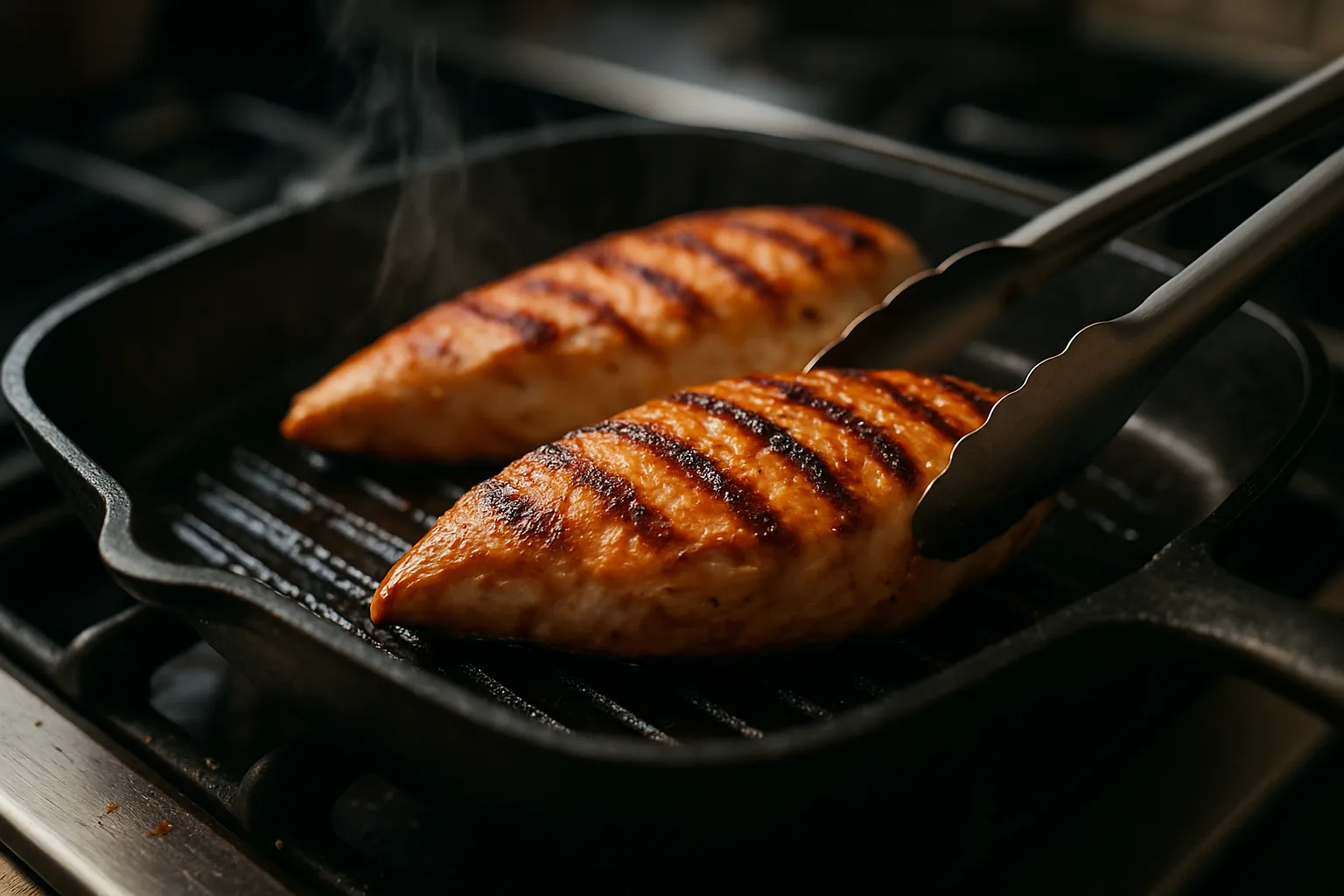 Chicken breast being grilled in a pan showing perfect grill marks for Caesar salad