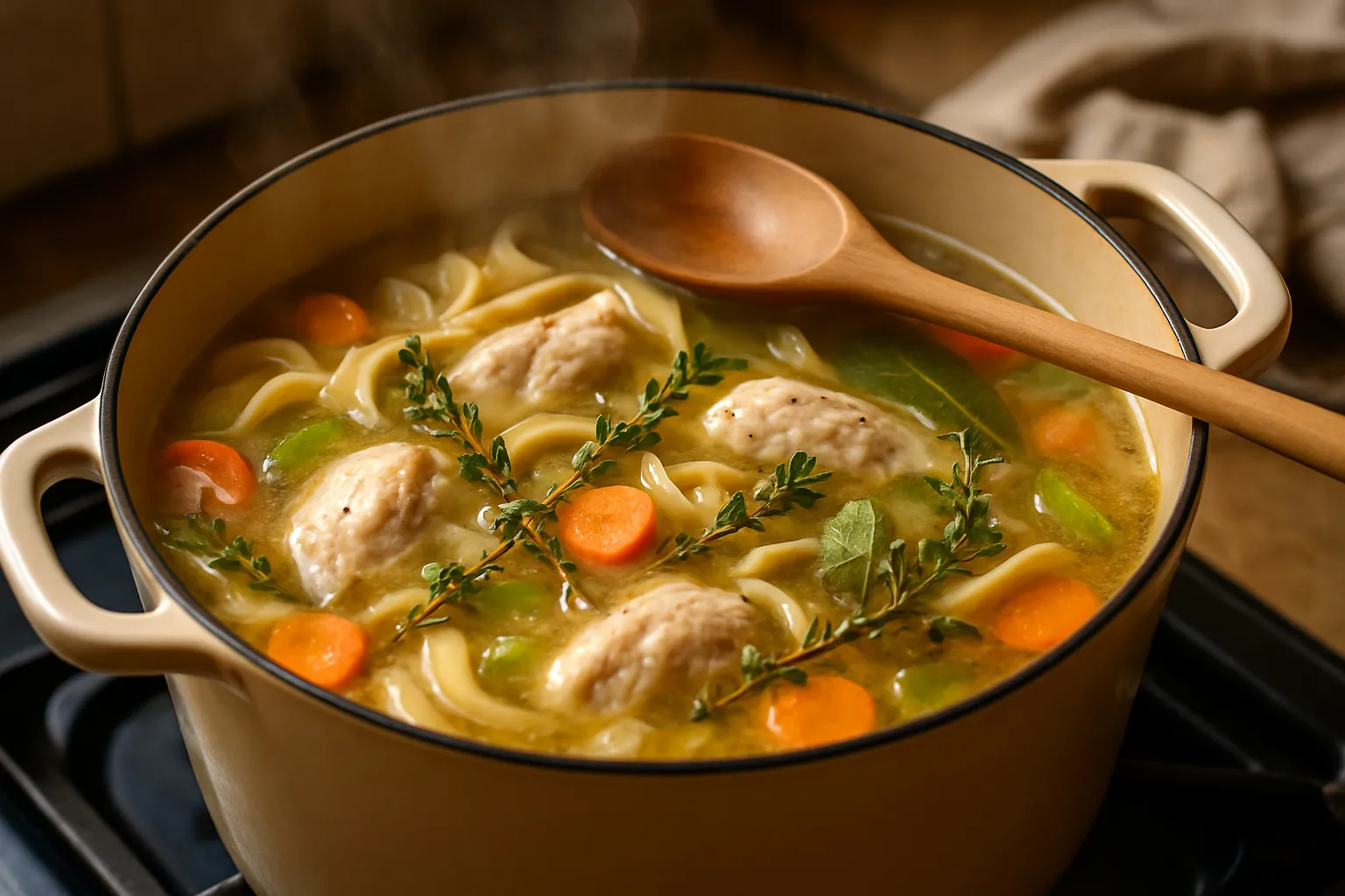 Chicken pieces and vegetables simmering gently in golden broth with herbs in large pot on stovetop