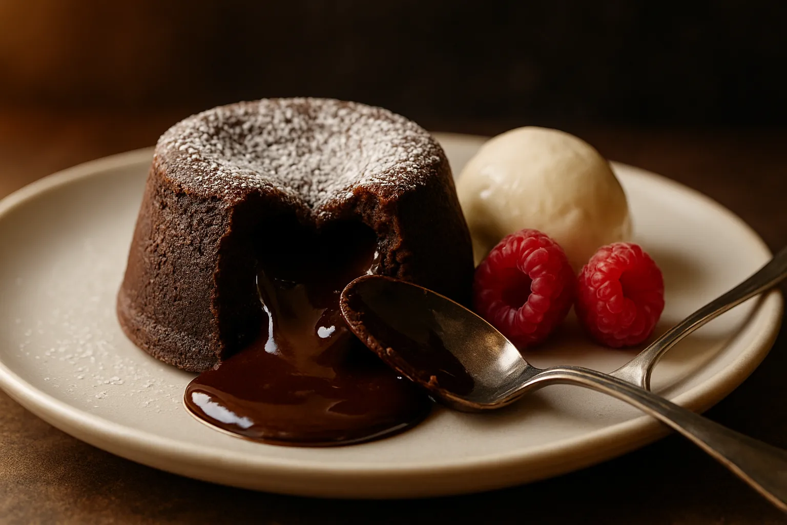 Overhead view of chocolate lava cake ingredients including dark chocolate, butter, eggs, sugar, and flour arranged on marble surface