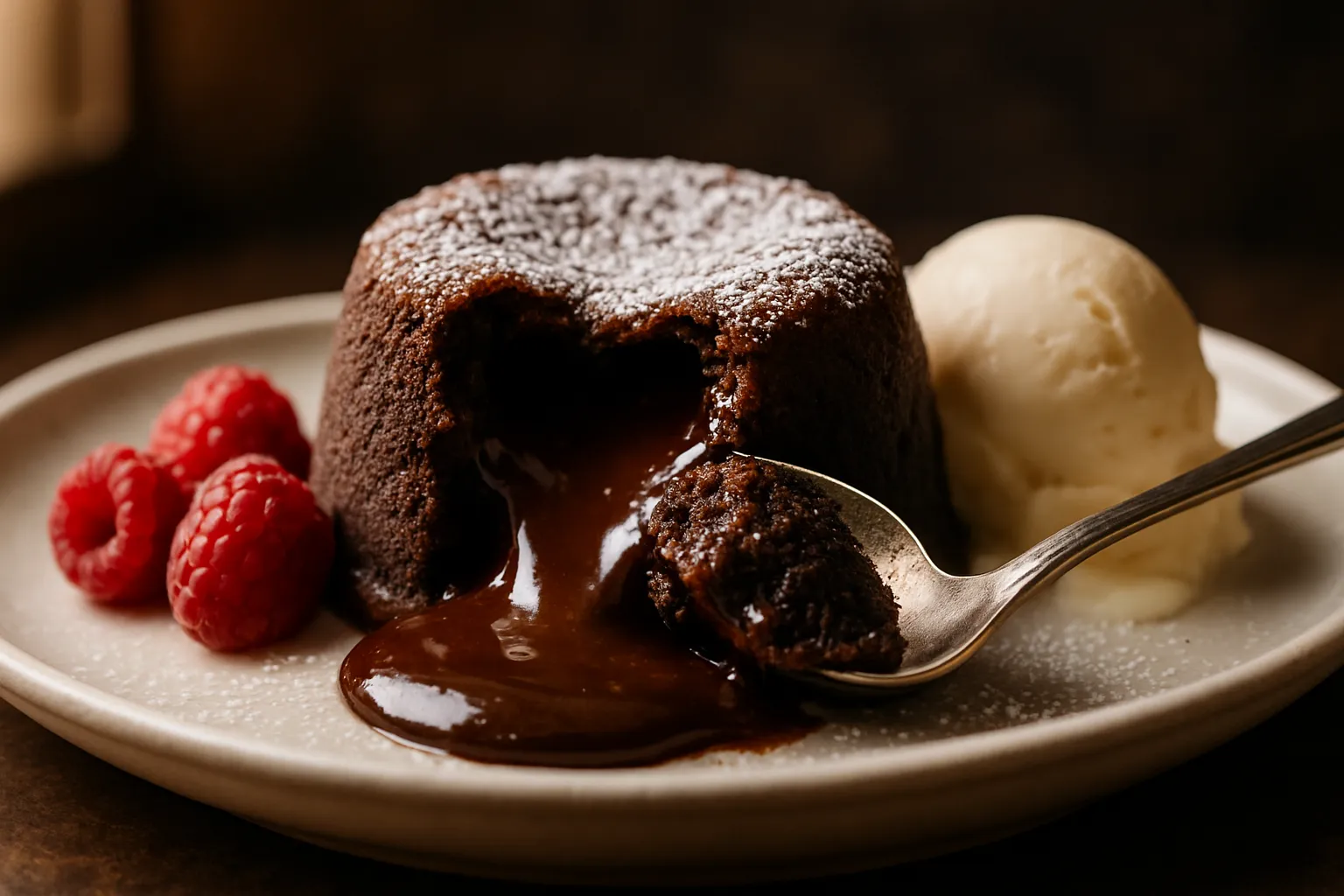 Vertical shot of chocolate lava cake with flowing molten center on rustic plate, styled for Pinterest with dramatic lighting