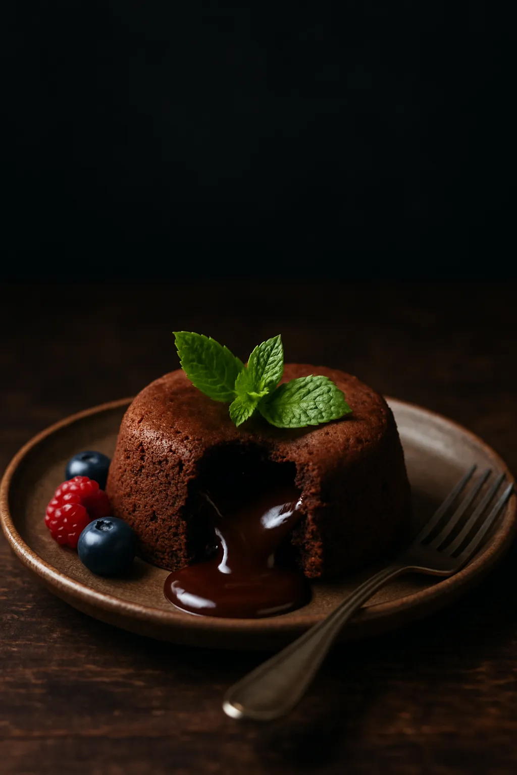Chocolate lava cake batter being poured into cocoa-dusted ramekins on marble countertop