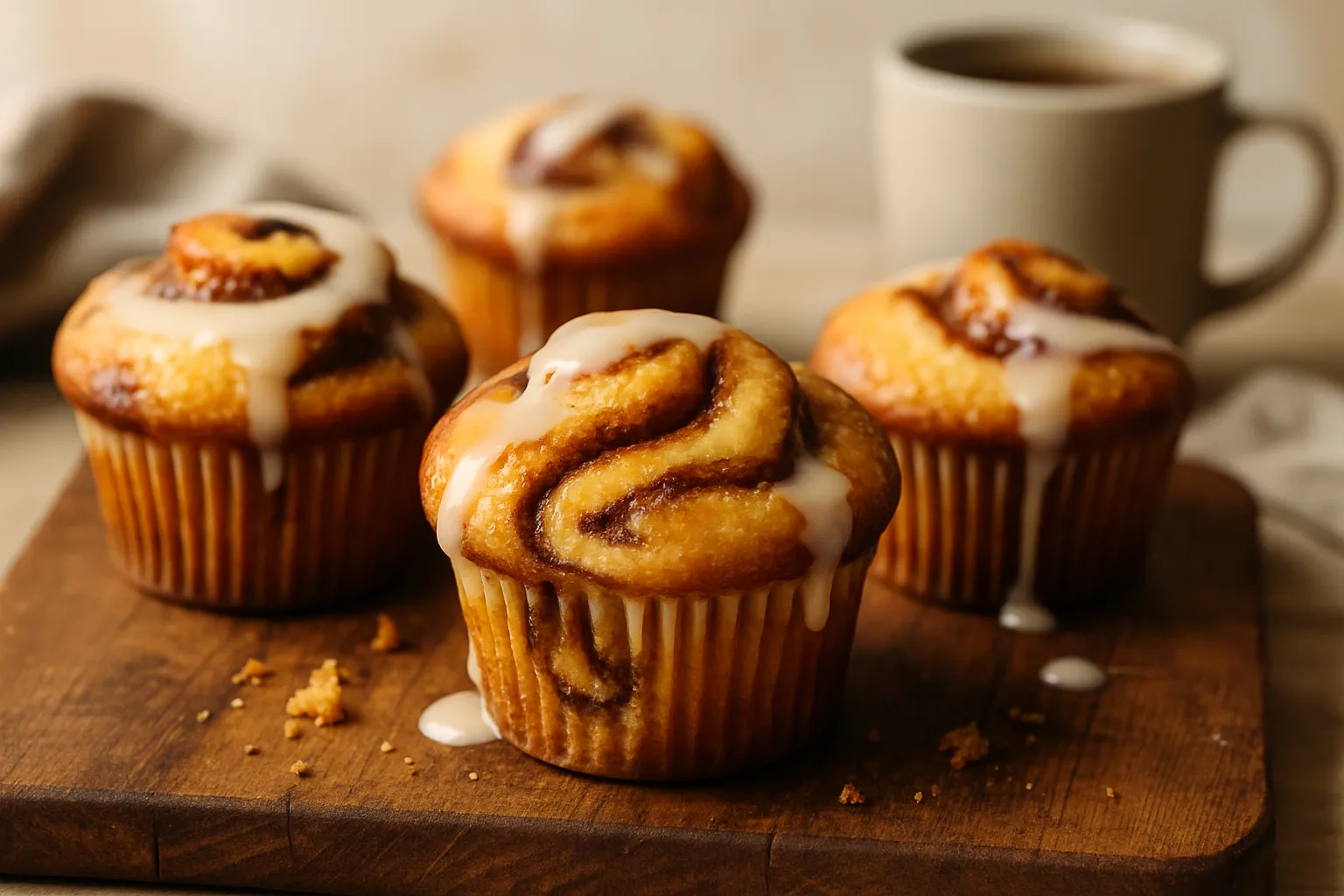 Freshly baked cinnamon roll muffins with vanilla glaze drizzle showing visible cinnamon swirl pattern