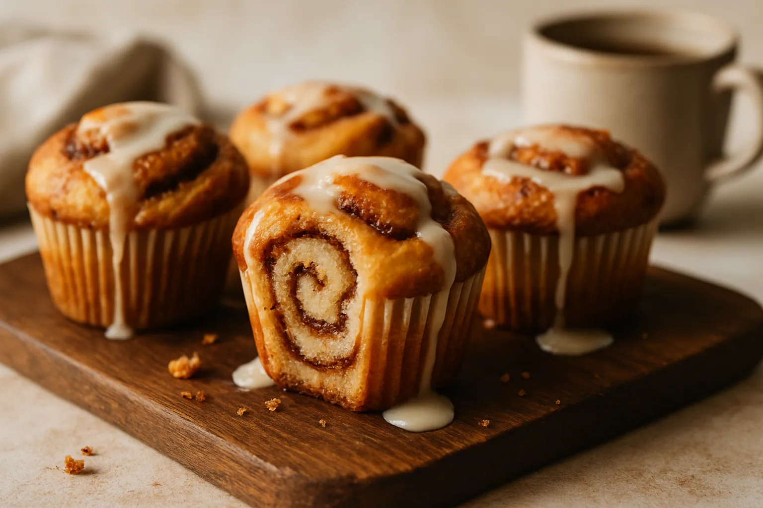 Vertical stack of cinnamon roll muffins with one broken open showing cinnamon swirl interior and vanilla glaze