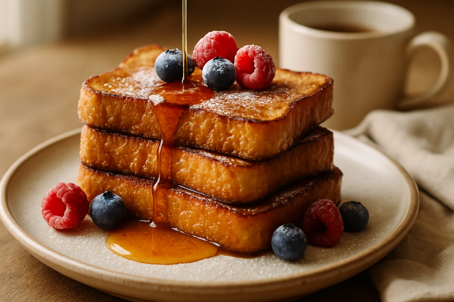 Stack of golden-brown Classic French Toast drizzled with maple syrup and topped with fresh berries on a white plate
