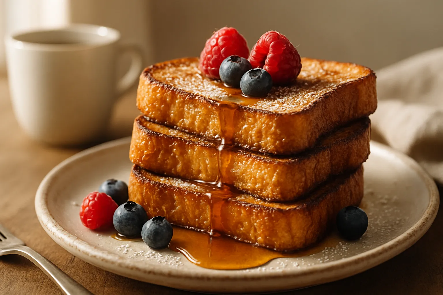 Vertical shot of Classic French Toast stack with maple syrup being poured over golden-brown slices and fresh berries