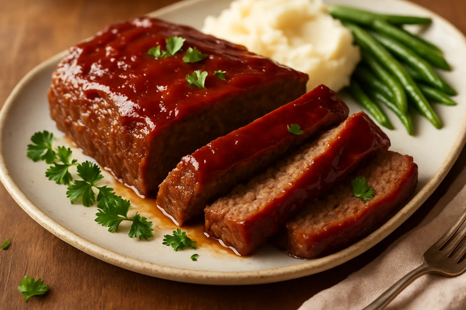 Sliced classic meatloaf with ketchup glaze on white platter with mashed potatoes and green beans