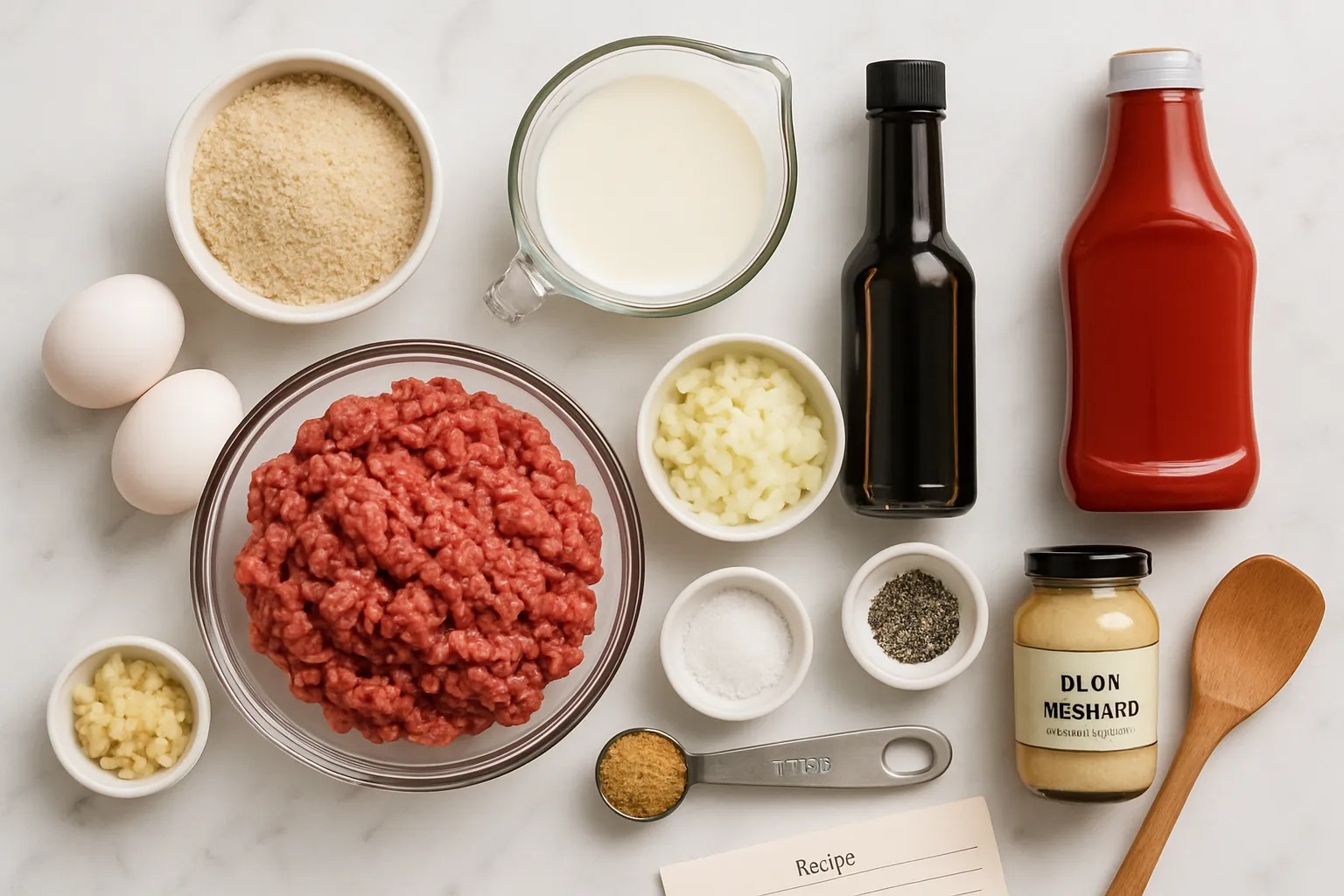 Overhead view of all ingredients for classic meatloaf recipe arranged on marble countertop