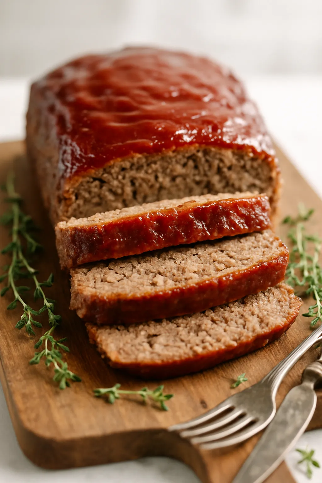 Vertical composition of sliced classic meatloaf with ketchup glaze showing moist interior