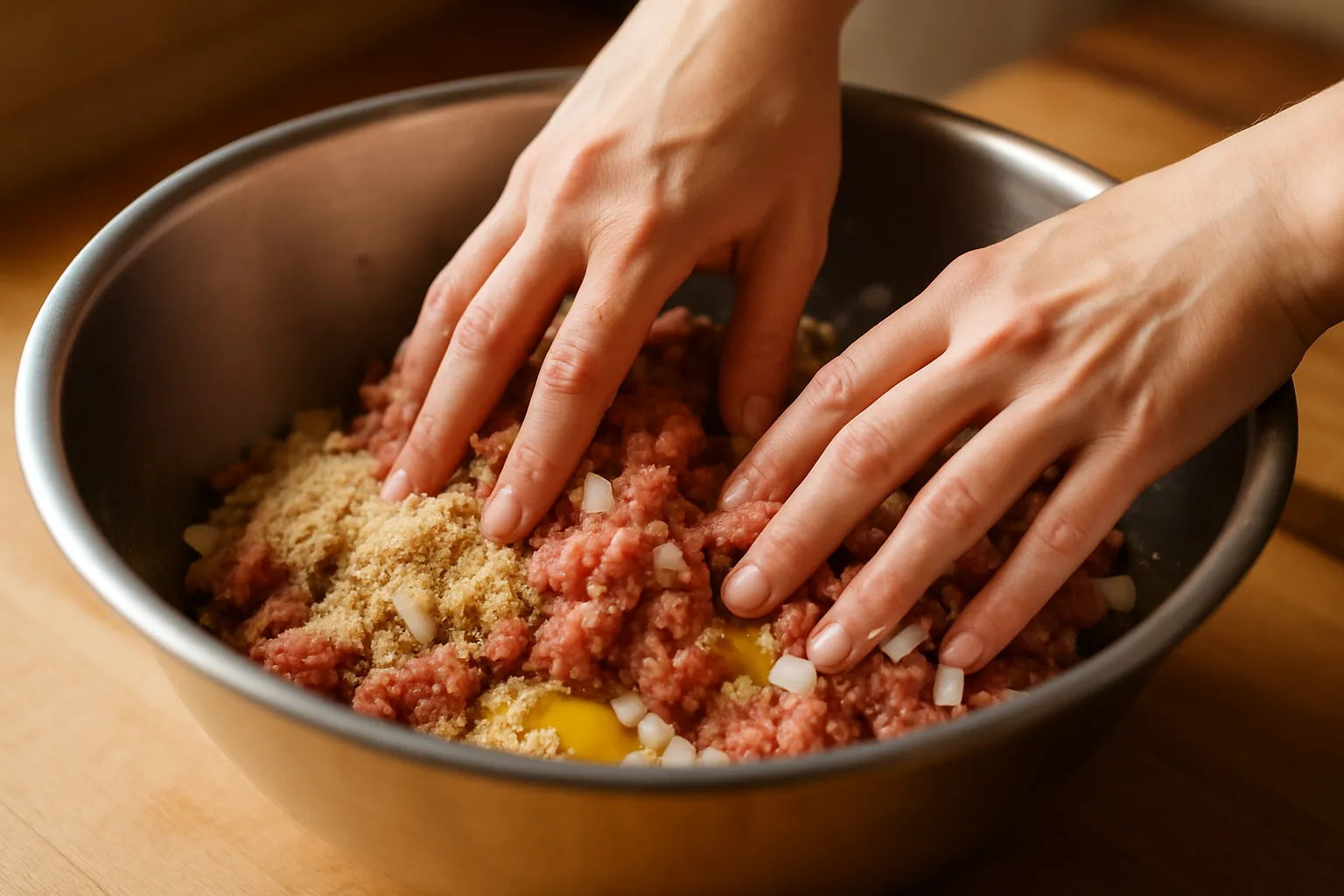 Hands gently mixing ground beef and ingredients in stainless steel bowl for meatloaf